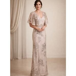 MAC DUGGAL Beaded Gown Formal Dress 8 NEW MotherOf Wedding Event Flutter Sleeves